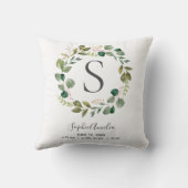 Baby Monogram geboorte Stats Eucalyptus Leafy Wrea Kussen (Achterkant)