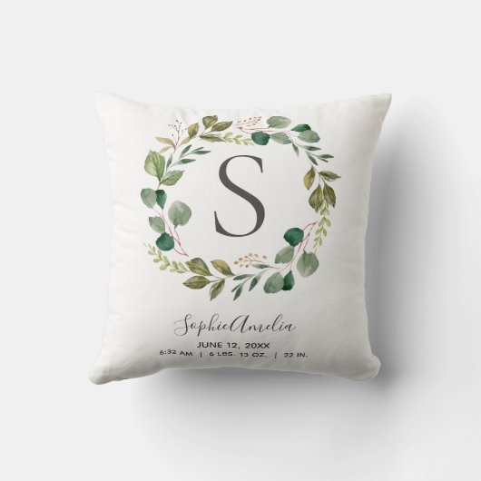 Baby Monogram geboorte Stats Eucalyptus Leafy Wrea Kussen (Achterkant)