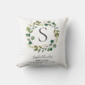 Baby Monogram geboorte Stats Eucalyptus Leafy Wrea Kussen (Voorkant)