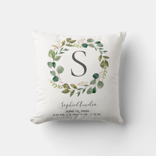 Baby Monogram geboorte Stats Eucalyptus Leafy Wrea Kussen (Voorkant)