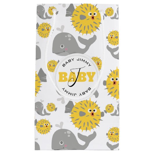 Baby monogram grijze walvis en zwarte Cartoon Klein Cadeauzakje (Voorkant)