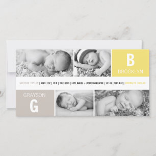 Baby Monogram Jongen Meisje Tweeling 4 Foto Geel G Aankondiging