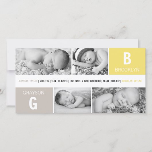 Baby Monogram Jongen Meisje Tweelingen 4 Foto Geel Aankondiging (Voorkant)