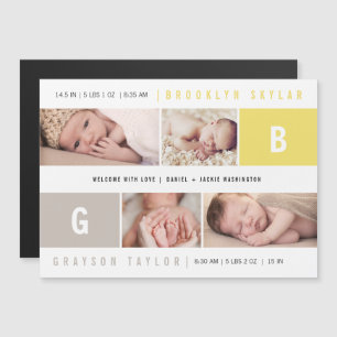 Baby Monogrammen Tweeling 4 Foto Geboorteaankondig Magnetische Uitnodiging
