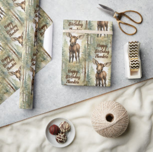 Baby Moose gepersonaliseerde neutrale verjaardag Cadeaupapier
