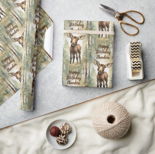 Baby Moose gepersonaliseerde neutrale verjaardag Cadeaupapier (Crafts)