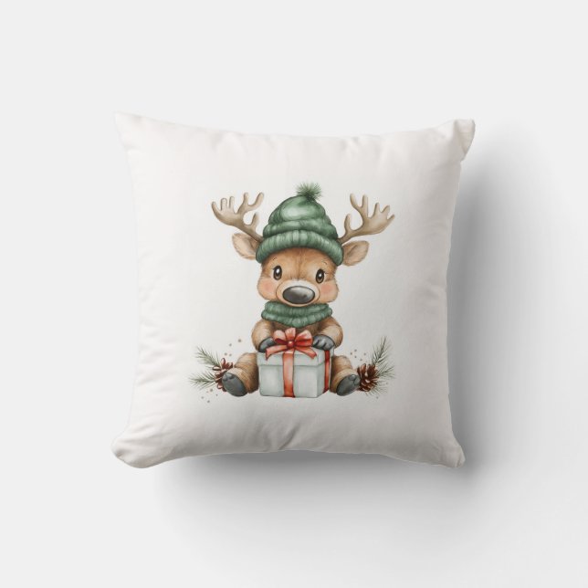 Baby Moose in Santa Hat met Gift Wintervakantie Kussen (Voorkant)