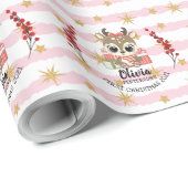 Baby Moose Pink Glitter Stripe Babys 1 Kerstmis Cadeaupapier (Rol Hoek)