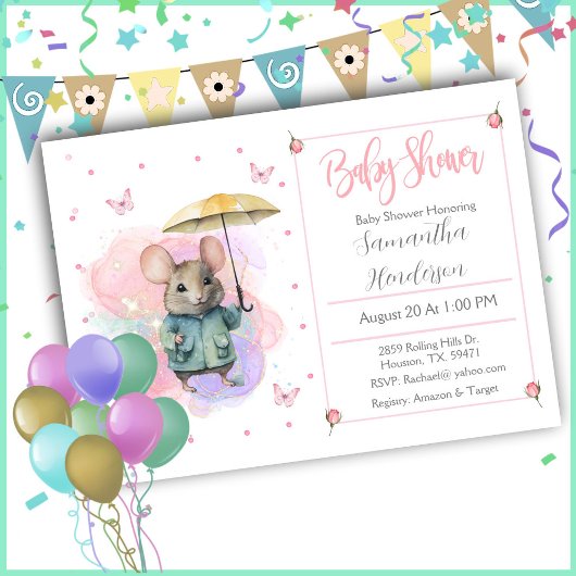 Baby Mouse Pastel Waterverf Baby shower Kaart
