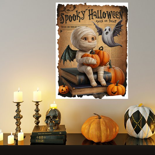 Baby Mummy Ghost  Halloween Krantenstijl Poster