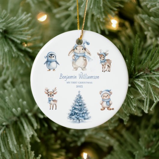 Baby My 1st Christmas Custom Woodland Blue Keramisch Ornament (Boom)