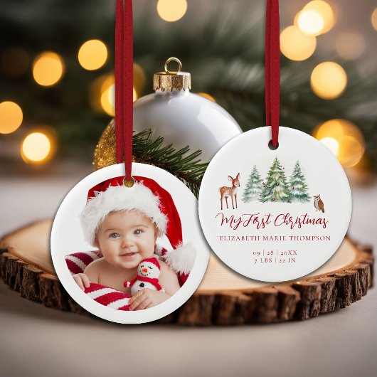 Baby My First Christmas Deer Owl Woodland Photo  Keramisch Ornament