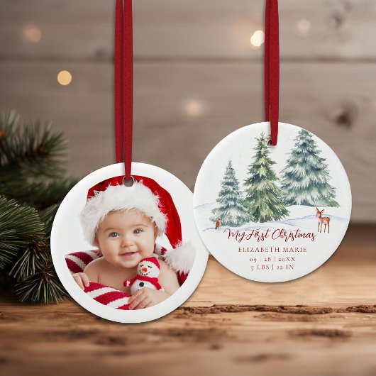 Baby My First Christmas Woodland Deer Owl Photo  Keramisch Ornament