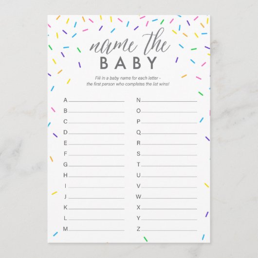 Baby-naam ABC-spel, Baby-naam Race-kaart Programmakaart (Voorkant)