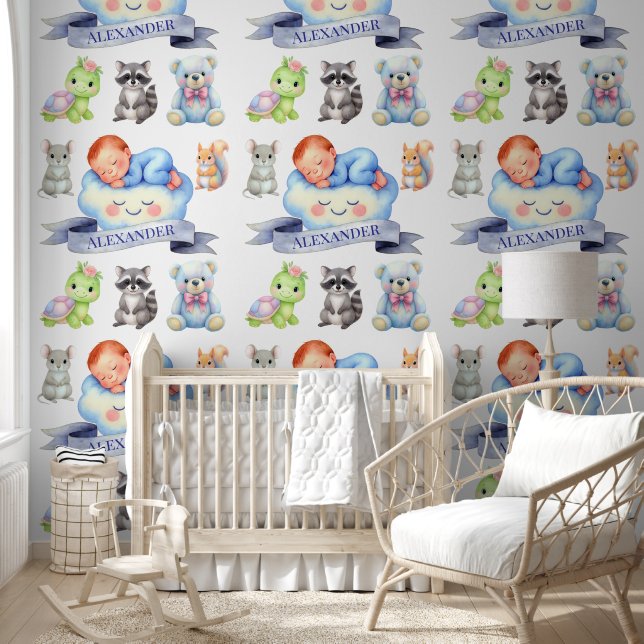 Baby Naam Behang Slaapbaby Dieren Pastel (Kinderen)