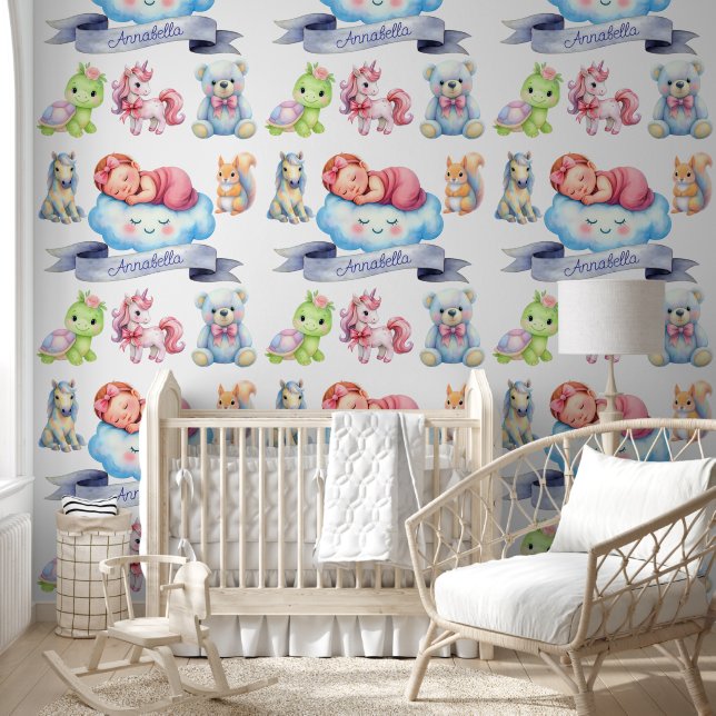Baby Naam Behang Slaapbaby Dieren Pastel (Kinderen)
