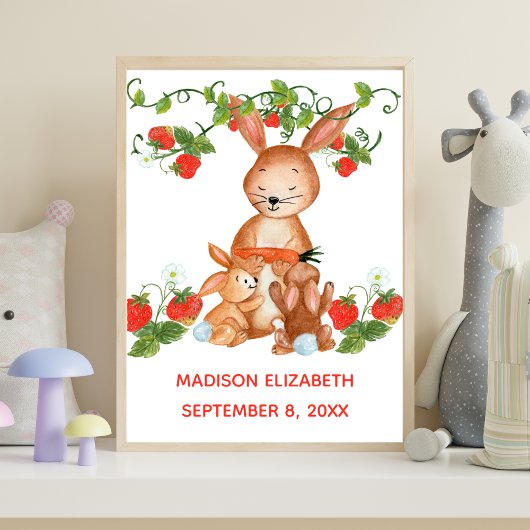 Baby Naam Birthday Baby Bunny Strawberry Nursery Poster