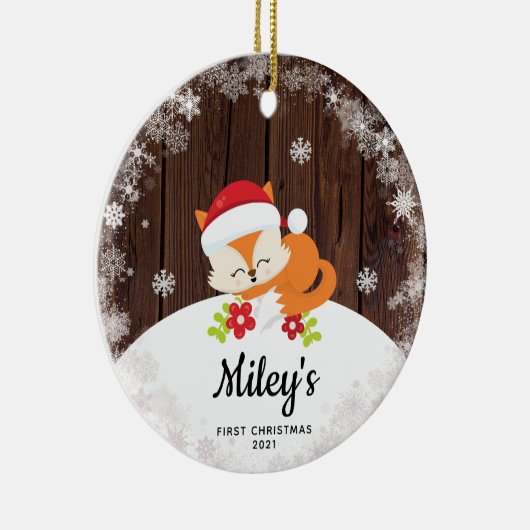 Baby Naam Eerste Kerstman Fox Snowflake Wood Keramisch Ornament (Rechts)