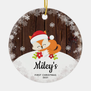 Baby Naam Eerste Kerstman Fox Snowflake Wood Keramisch Ornament