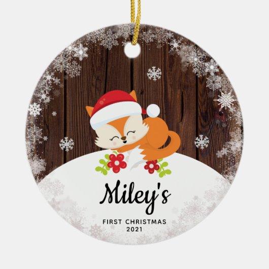 Baby Naam Eerste Kerstman Fox Snowflake Wood Keramisch Ornament (Voorkant)