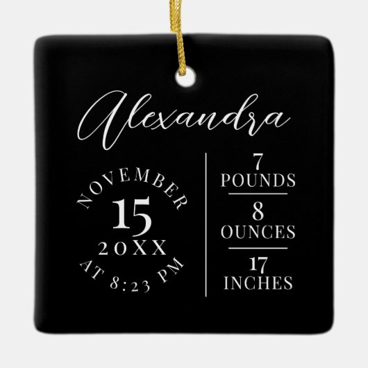 Baby Naam & geboorte Stats Foto Black Keepomwille Keramisch Ornament (Voorkant)