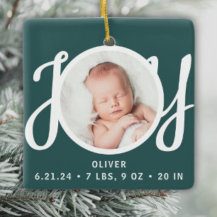 Baby Naam Geboorte Stats Foto Groen Aandenken Keramisch Ornament