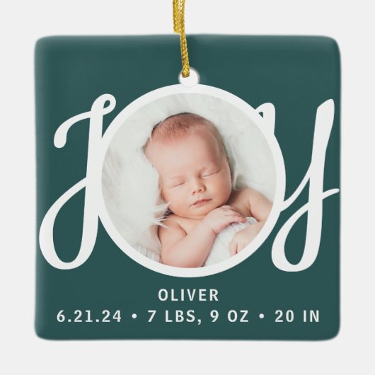 Baby Naam Geboorte Stats Foto Groene Keepsake Keramisch Ornament (Voorkant)
