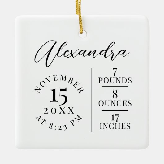 Baby Naam & geboorte Stats Foto White Keepomwille Keramisch Ornament (Voorkant)