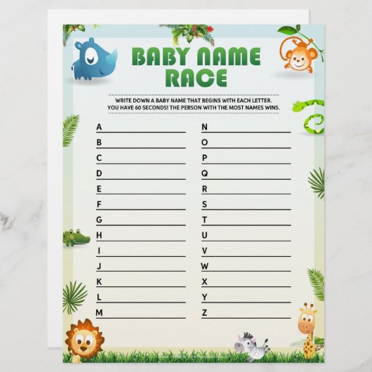 Baby Naam Race Baby shower Game [Dierthema] Briefhoofd (Voorkant / Achterkant)