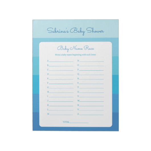 Baby Naam Race Blue Ombre Stripes Baby shower Game Notitieblok (Linkerzijde)