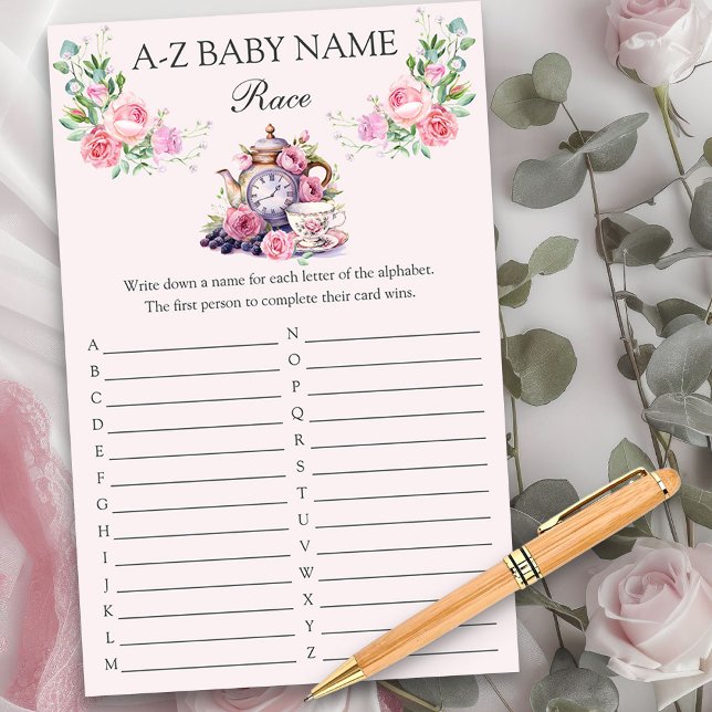 Baby Naam Race Douche Spel  Theepot Bloemen (Baby Name baby shower game sheets from my Vintage Tea Party Baby Shower Collection)