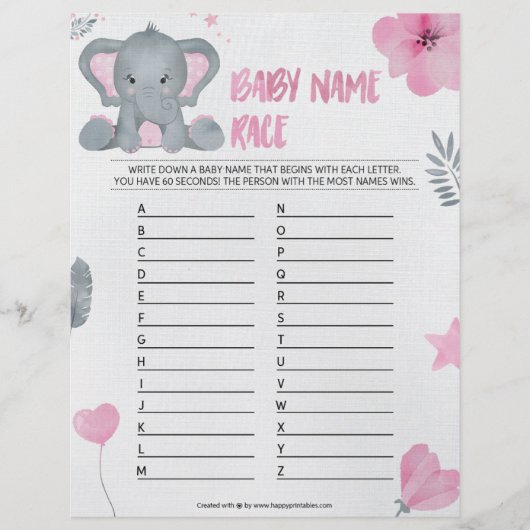 Baby Naam Race [Elephant [Roze]] Briefhoofd (Voorkant)
