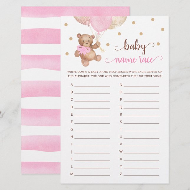 Baby Naam Race Game Baby shower Teddy Bear (Voorkant / Achterkant)
