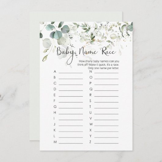 Baby-naam Race Game, Eucalyptus Baby shower Game I Kaart (Voorkant / Achterkant)