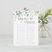 Baby-naam Race Game, Eucalyptus Baby shower Game I Kaart (Staand voorkant)