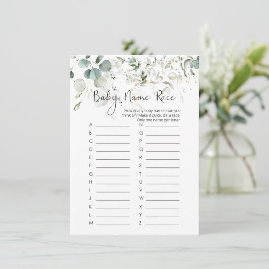 Baby-naam Race Game, Eucalyptus Baby shower Game I Kaart (Staand voorkant)