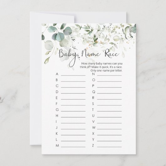 Baby-naam Race Game, Eucalyptus Baby shower Game I Kaart (Voorkant)