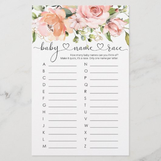 Baby Naam Race Game, Floral Rozen Baby shower Game (Voorkant)