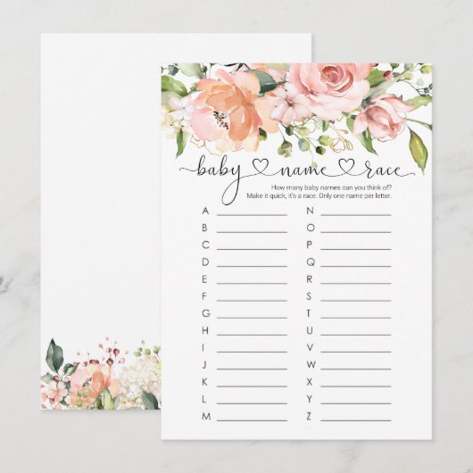 Baby Naam Race Game, Floral Rozen Baby shower Game Kaart (Voorkant / Achterkant)