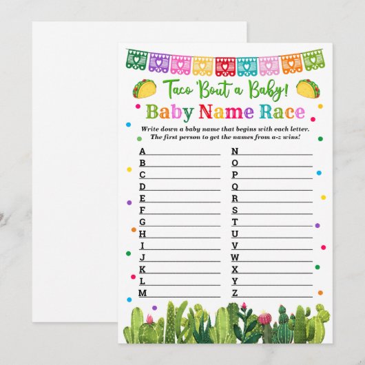 Baby Naam Race Game Taco Baby shower Advieskaart (Voorkant / Achterkant)