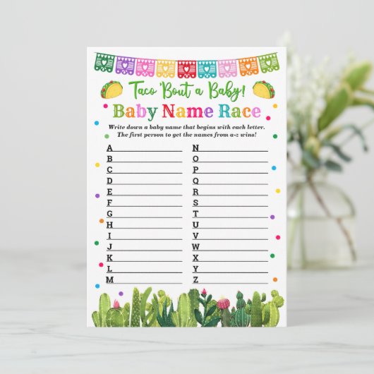 Baby Naam Race Game Taco Baby shower Advieskaart (Staand voorkant)