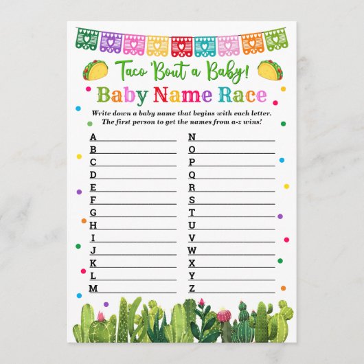 Baby Naam Race Game Taco Baby shower Advieskaart (Voorkant)