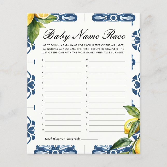 Baby Naam Race Lemon Positano Baby shower Game (Voorkant)
