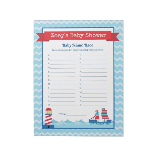 Baby Naam Race Nautical Theme Baby shower Game Notitieblok (Linkerzijde)