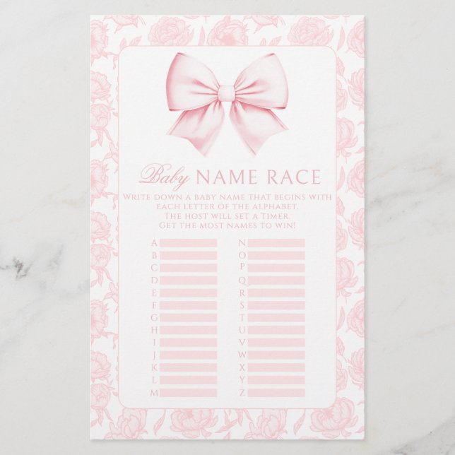 Baby Naam Race Roze Bow Baby Meisje Douche Spellet (Voorkant)