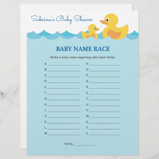 Baby Naam Race Rubber Duck Baby shower Game (Voorkant / Achterkant)