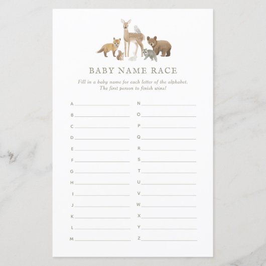 Baby Naam Race Woodland Baby shower Game (Voorkant)