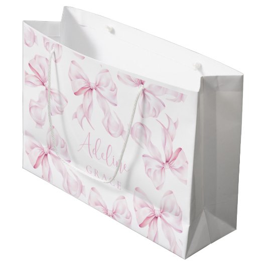 Baby Naam Roze Bow Gift Bag Groot Cadeauzakje (Voorkant Gekanteld)