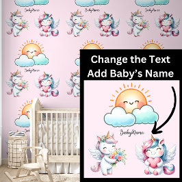 Baby Naam, Schattige Eenhoorns Zon Bloemen Hart op Behang
