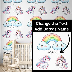 Baby Naam, Schattigee Eenhoorns & Regenboog Roze B Behang